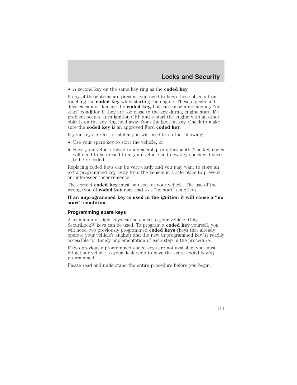 Locks and security | FORD 2002 F-150 User Manual | Page 111 / 312