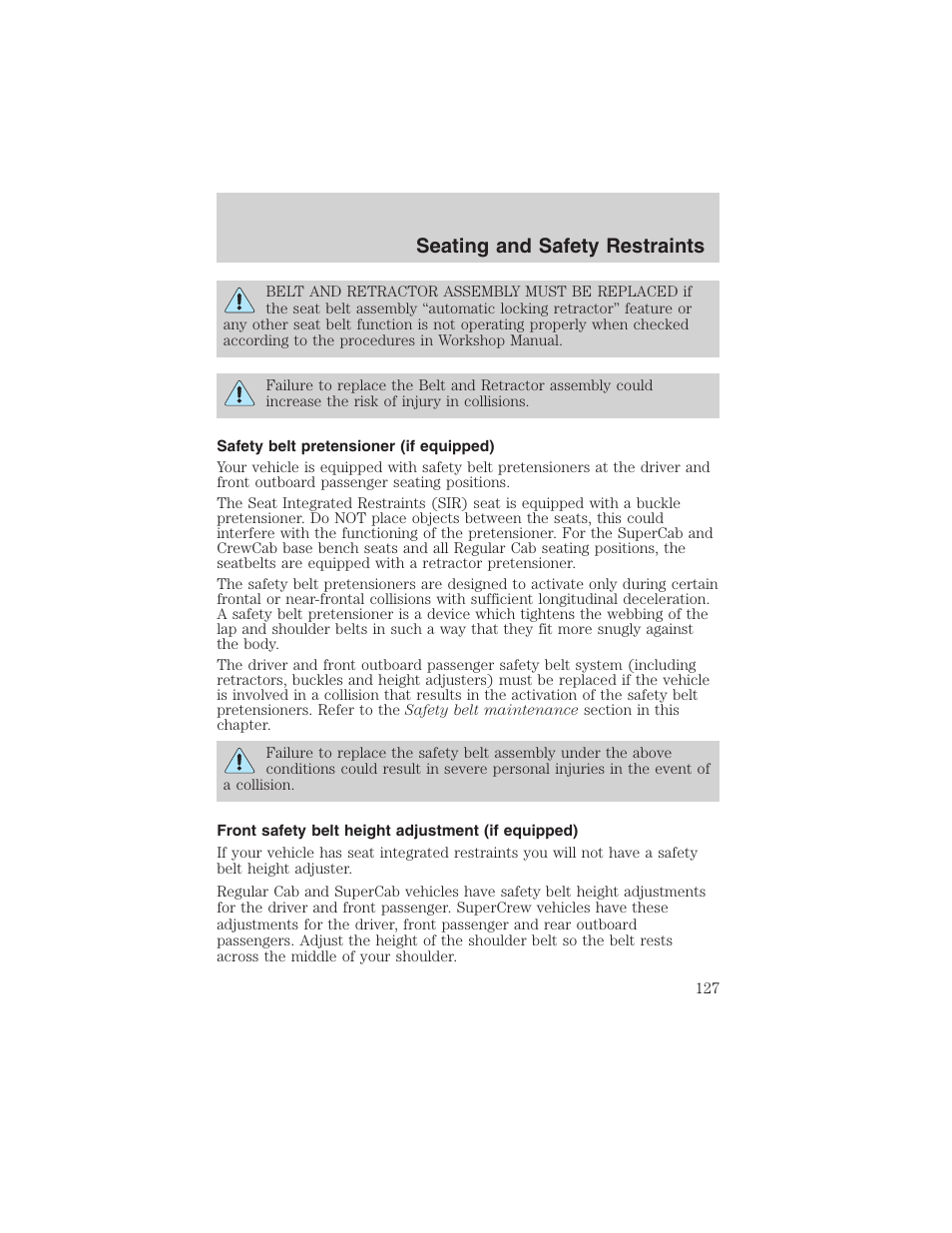 Seating and safety restraints | FORD 2002 F-150 User Manual | Page 127 / 312