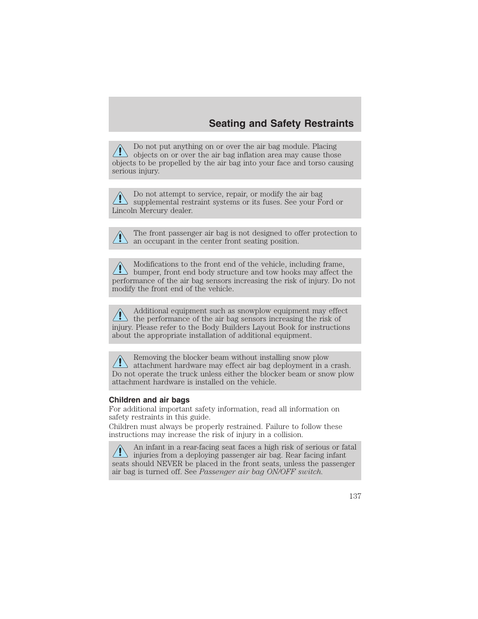 Seating and safety restraints | FORD 2002 F-150 User Manual | Page 137 / 312