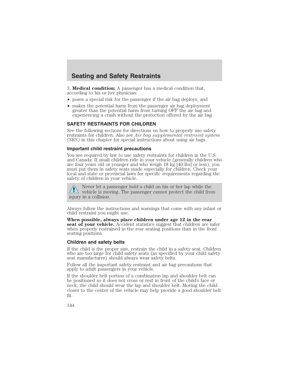 Seating and safety restraints | FORD 2002 F-150 User Manual | Page 144 / 312