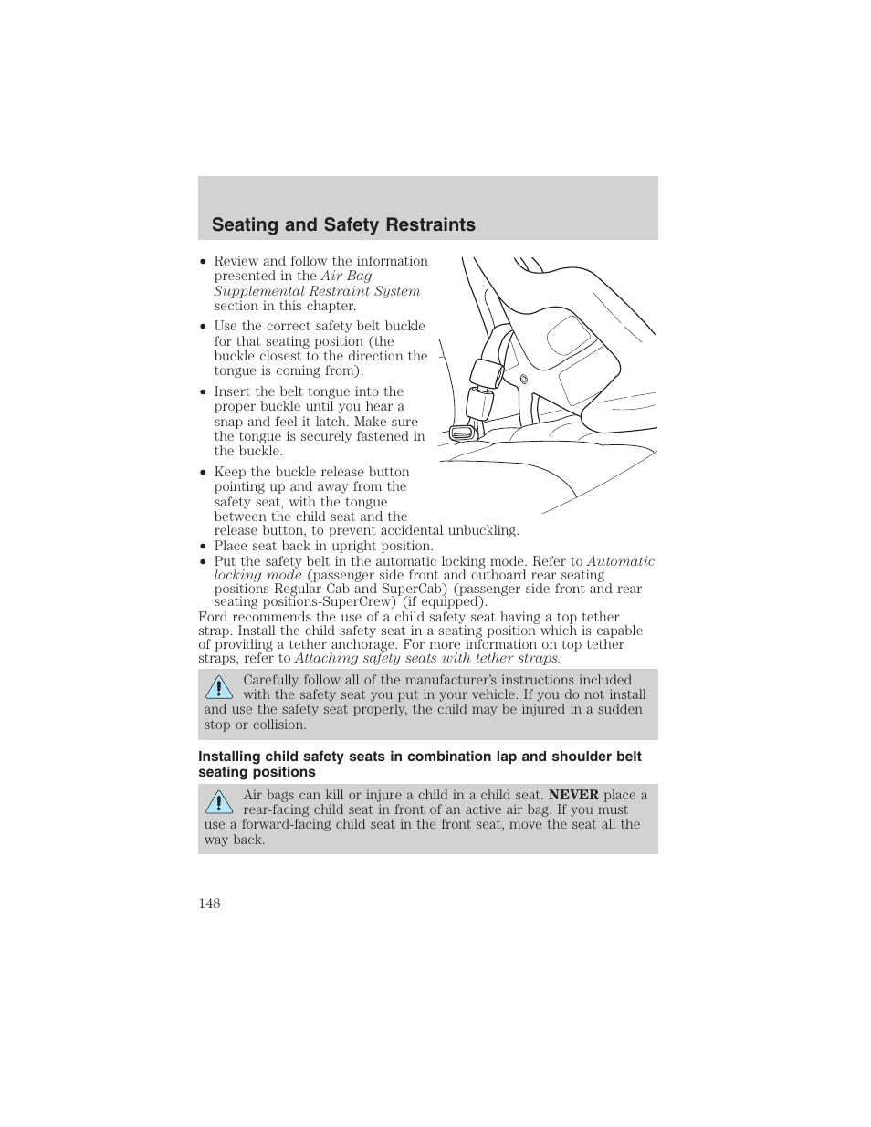 Seating and safety restraints | FORD 2002 F-150 User Manual | Page 148 / 312