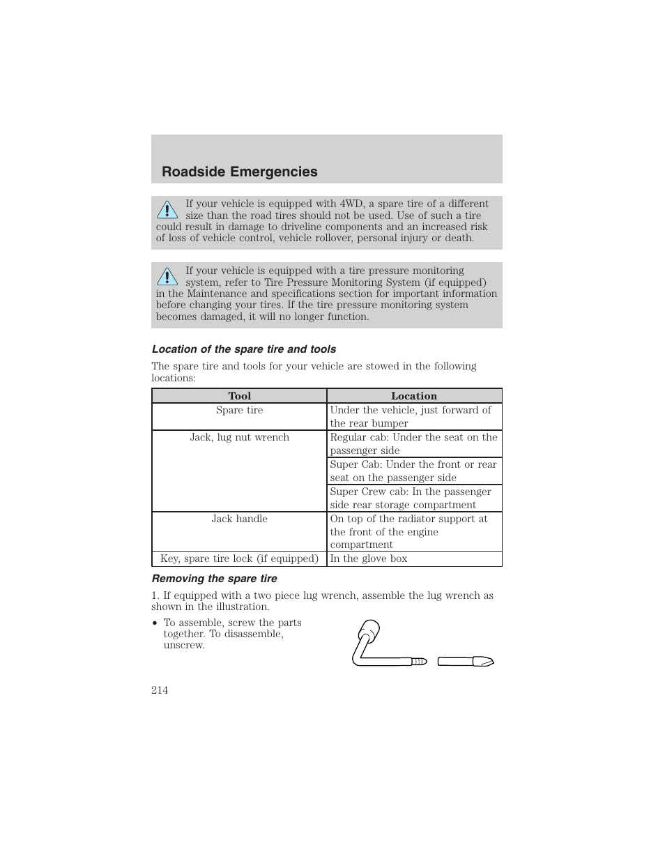 Roadside emergencies | FORD 2002 F-150 User Manual | Page 214 / 312