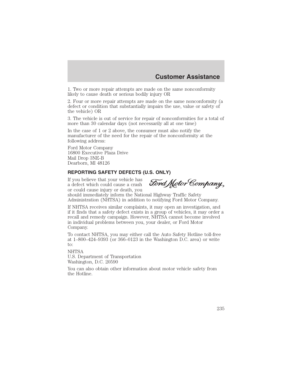 Customer assistance | FORD 2002 F-150 User Manual | Page 235 / 312