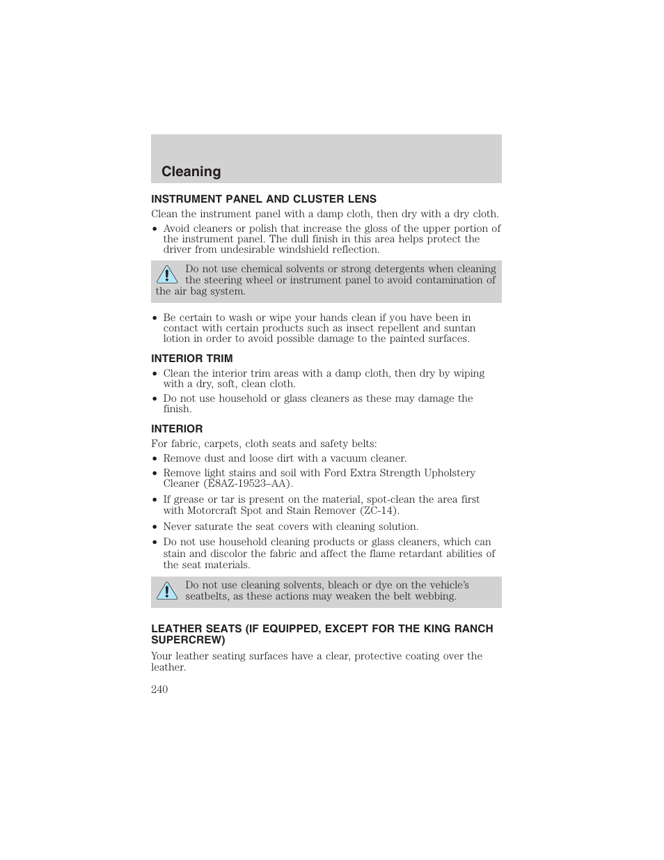 Cleaning | FORD 2002 F-150 User Manual | Page 240 / 312