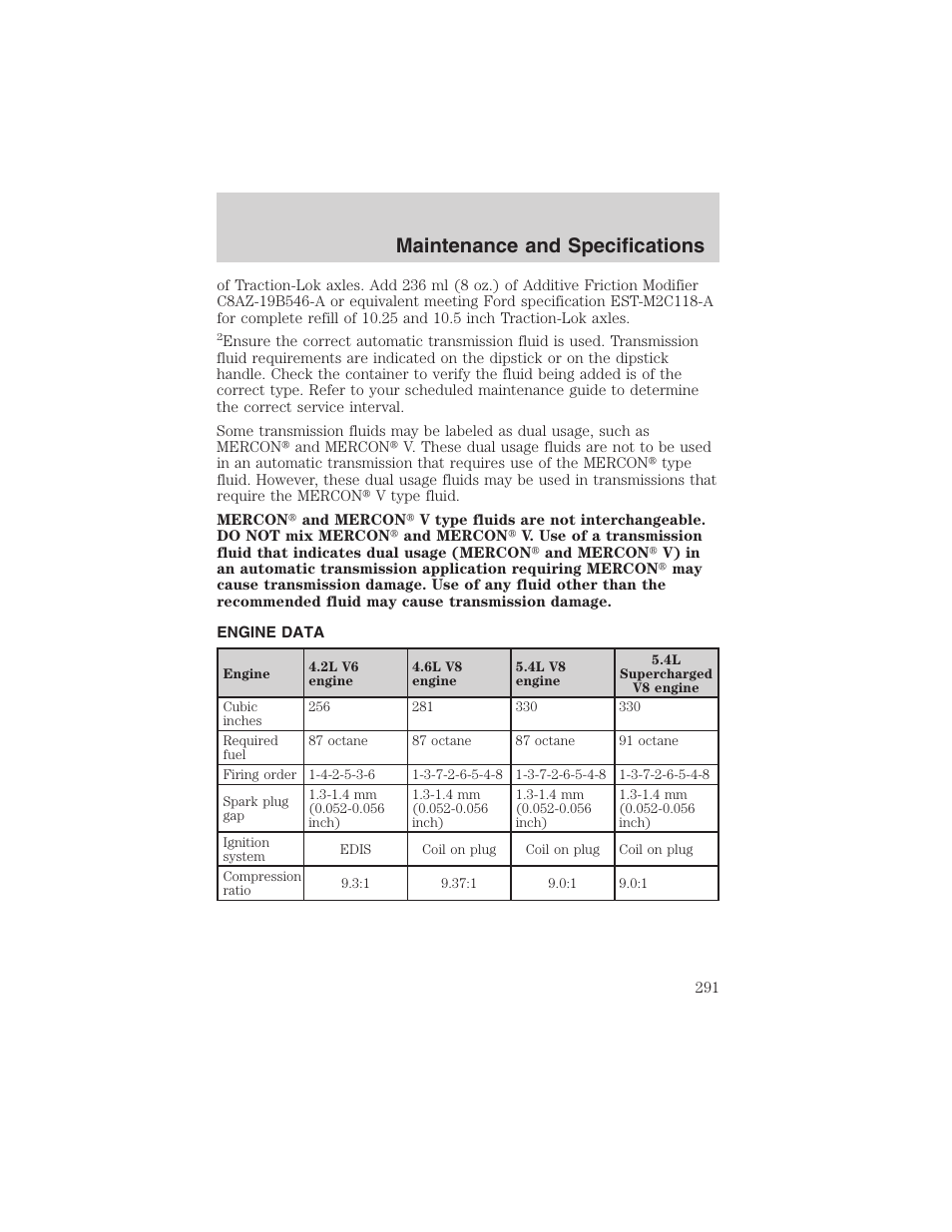 Maintenance and specifications | FORD 2002 F-150 User Manual | Page 291 / 312