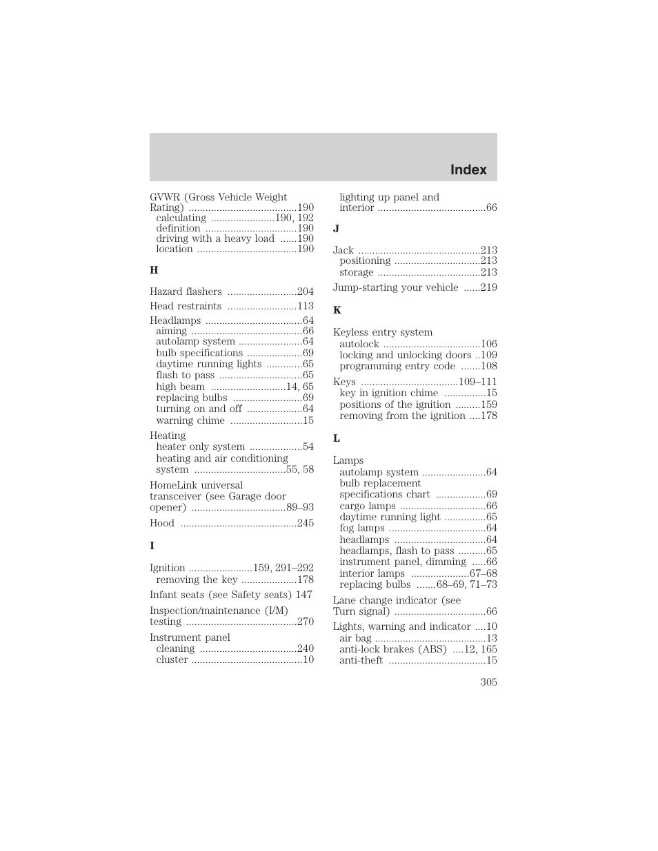 Index | FORD 2002 F-150 User Manual | Page 305 / 312