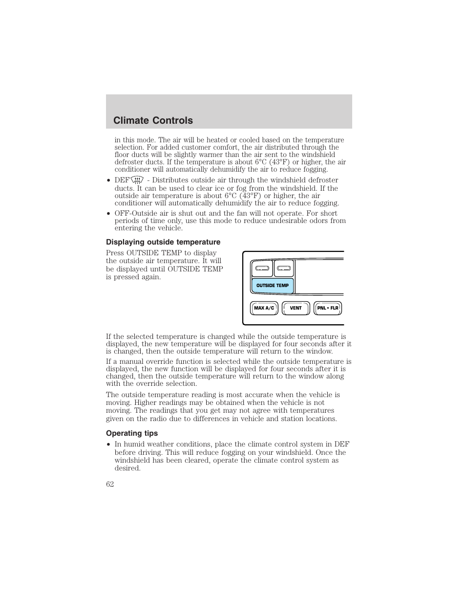 Climate controls | FORD 2002 F-150 User Manual | Page 62 / 312