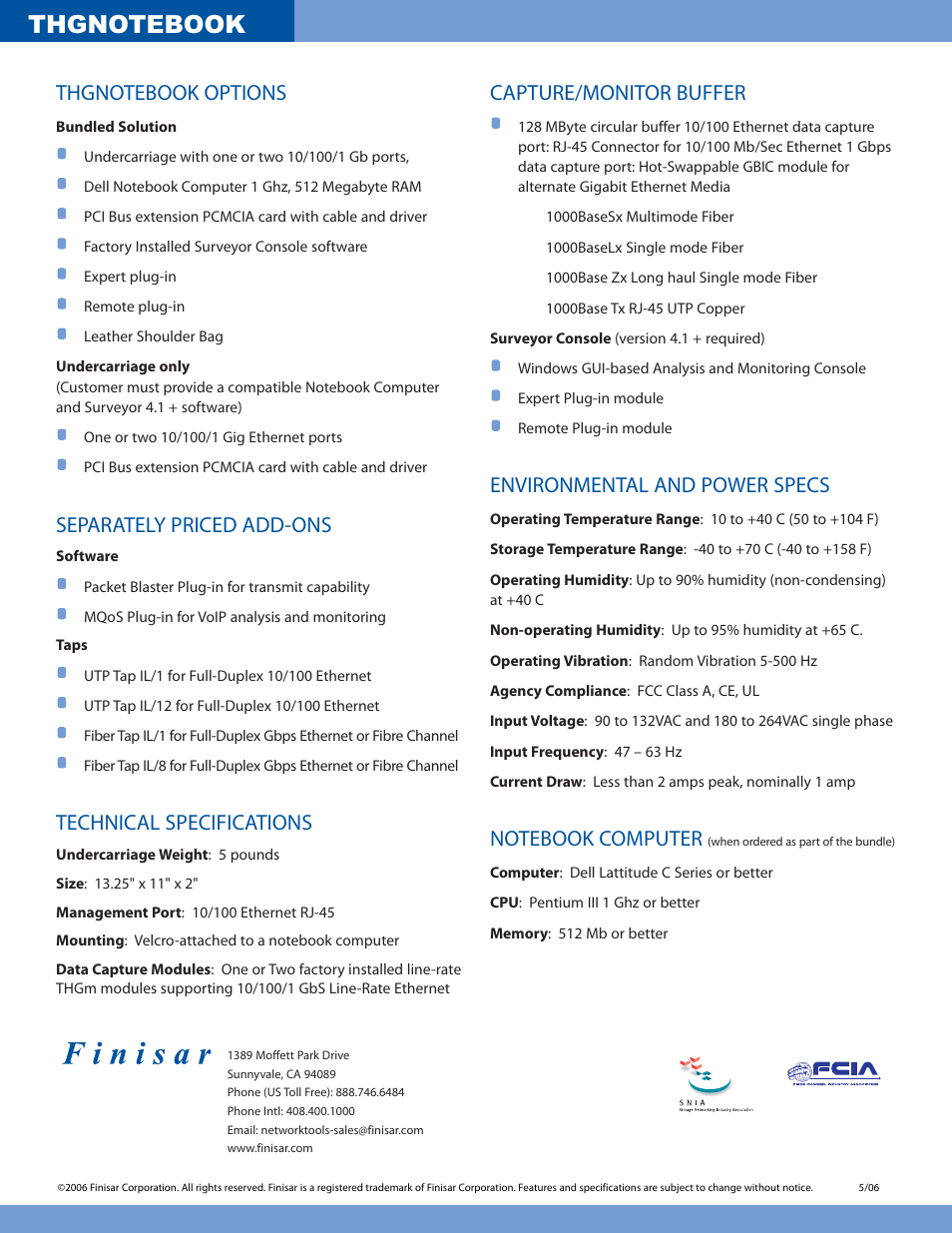 Separately priced add-ons, Technical specifications, Capture/monitor buffer | Environmental and power specs | Finisar THG User Manual | Page 2 / 2