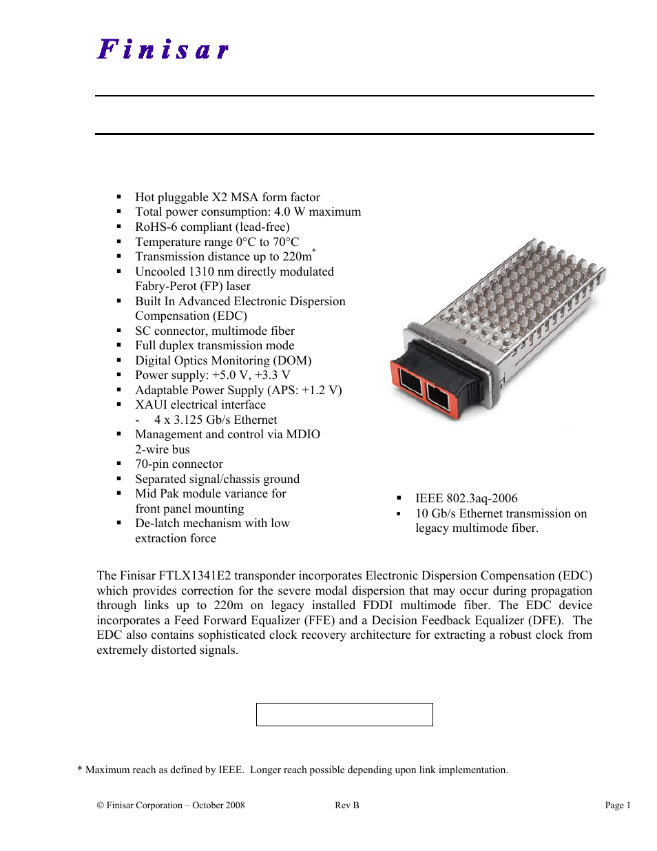 Finisar 10GBASE-LRM X2 User Manual | 10 pages