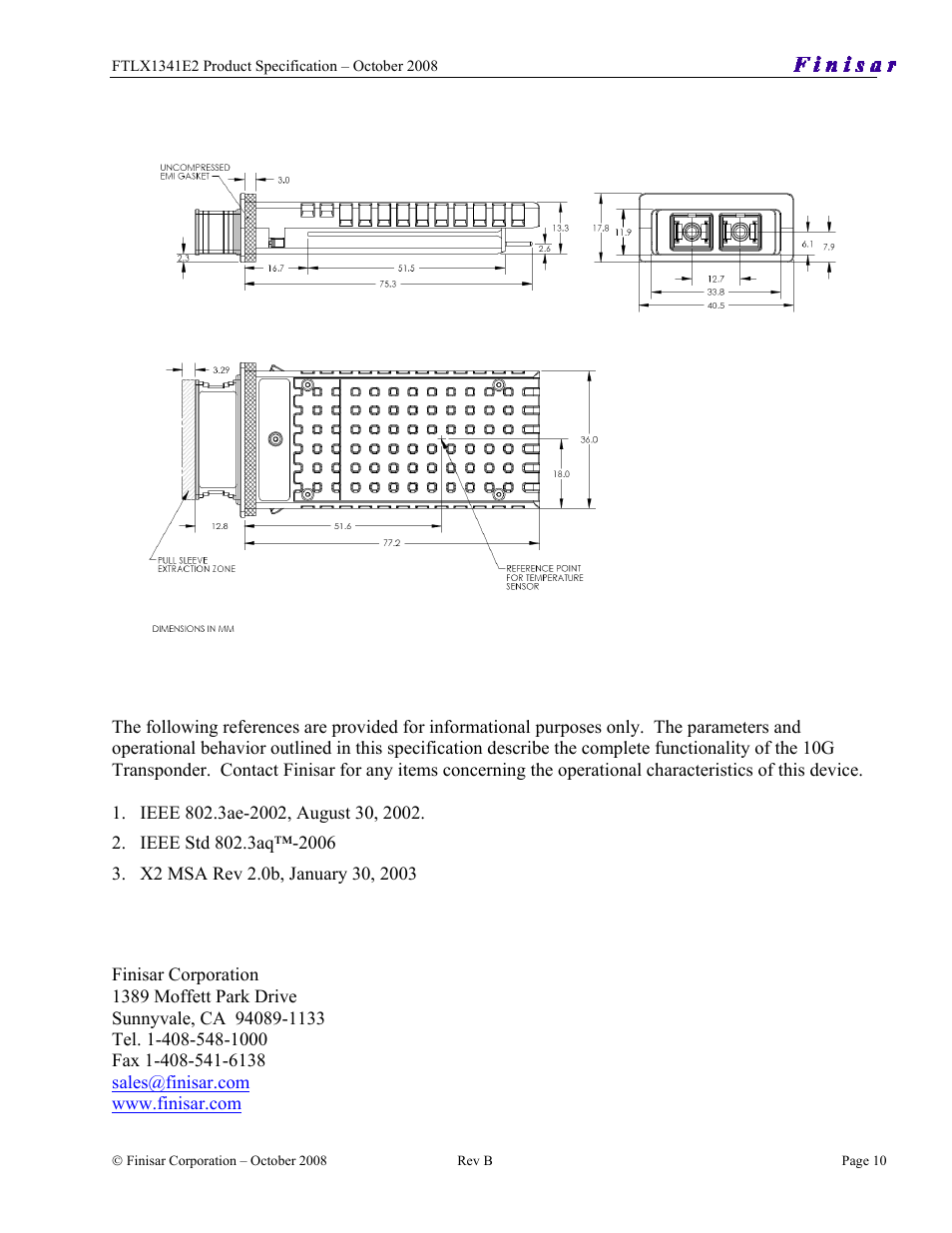 Ix. references, X. for more information | Finisar 10GBASE-LRM X2 User Manual | Page 10 / 10