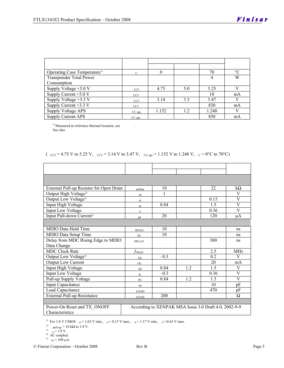 Electrical dc characteristics | Finisar 10GBASE-LRM X2 User Manual | Page 5 / 10