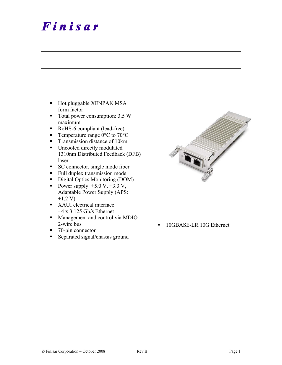 Finisar Single Mode XENPAK Transponder FTLX1461E2 User Manual | 10 pages