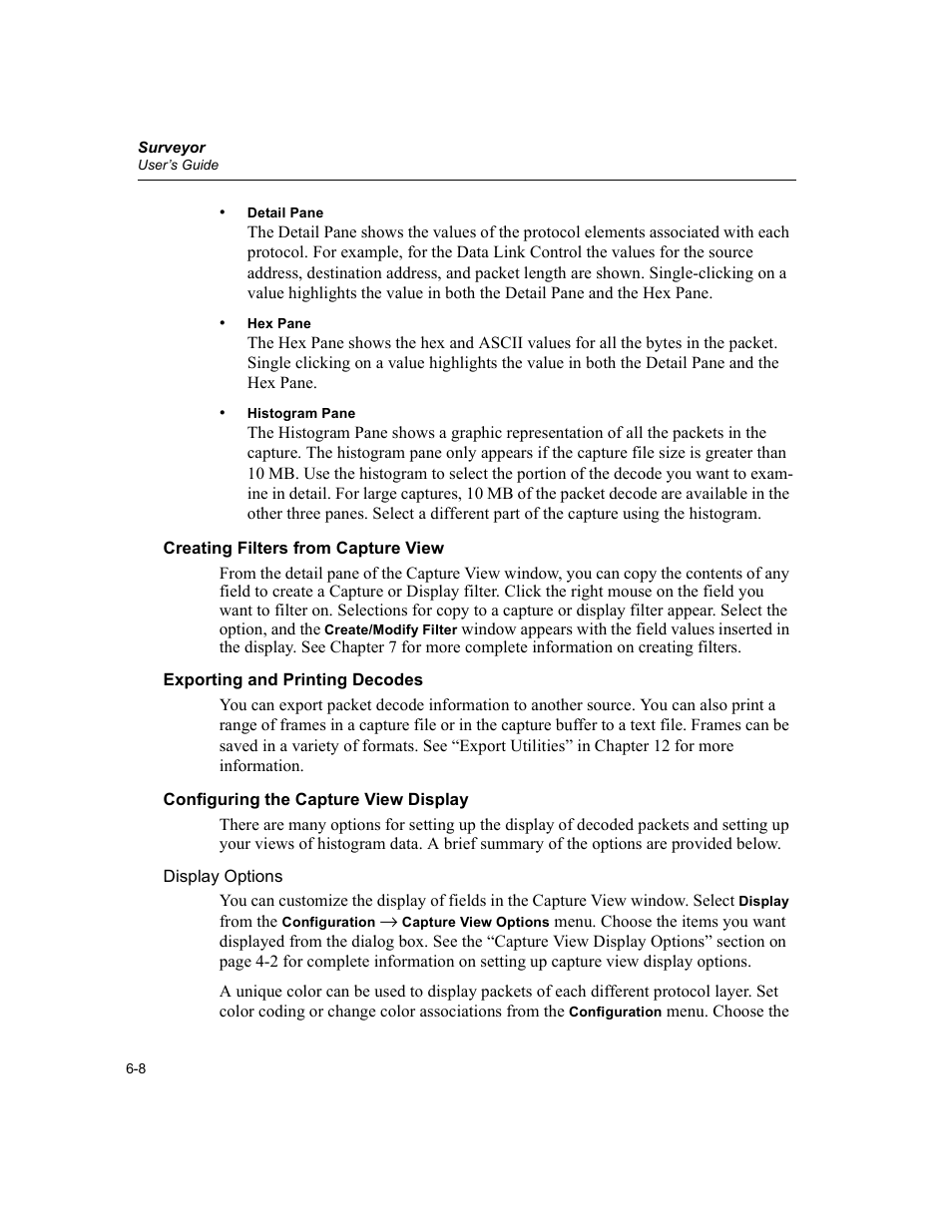 Creating filters from capture view, Exporting and printing decodes, Configuring the capture view display | Finisar Surveyor User Manual | Page 106 / 454
