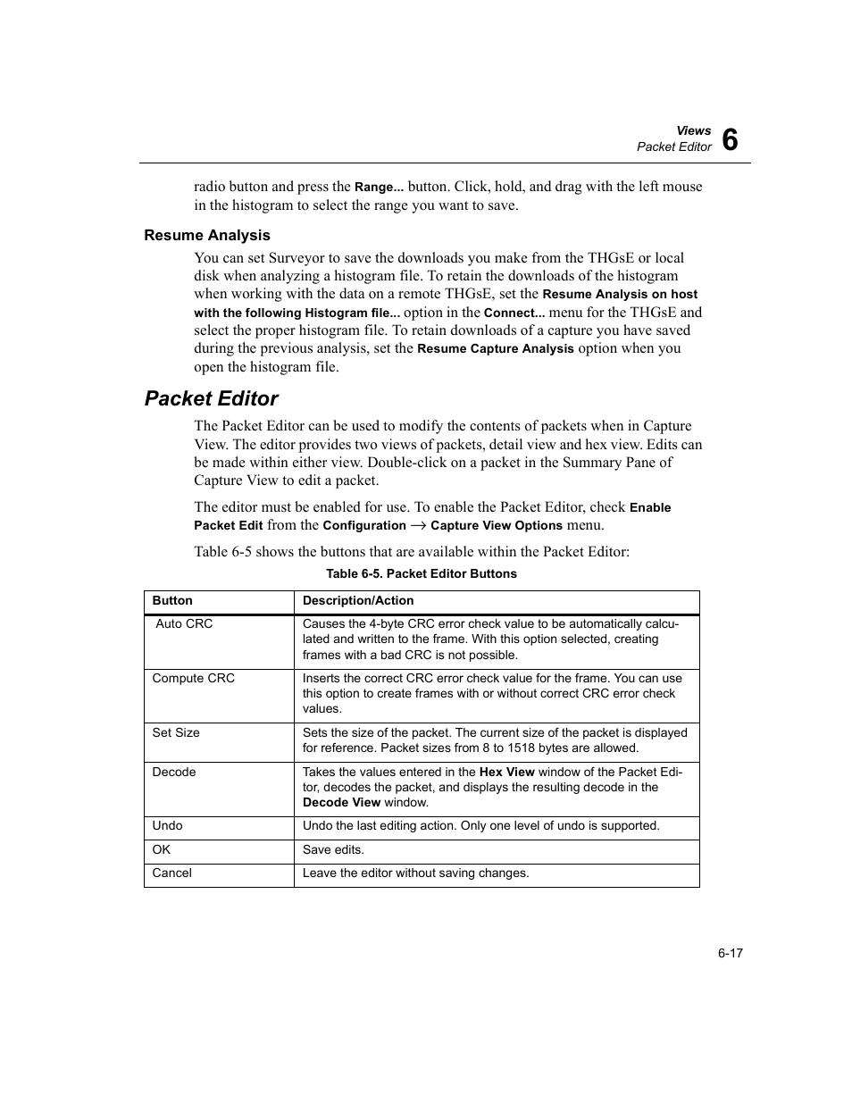 Resume analysis, Packet editor, Resume analysis -17 | Packet editor -17, Packet editor buttons -17 | Finisar Surveyor User Manual | Page 115 / 454