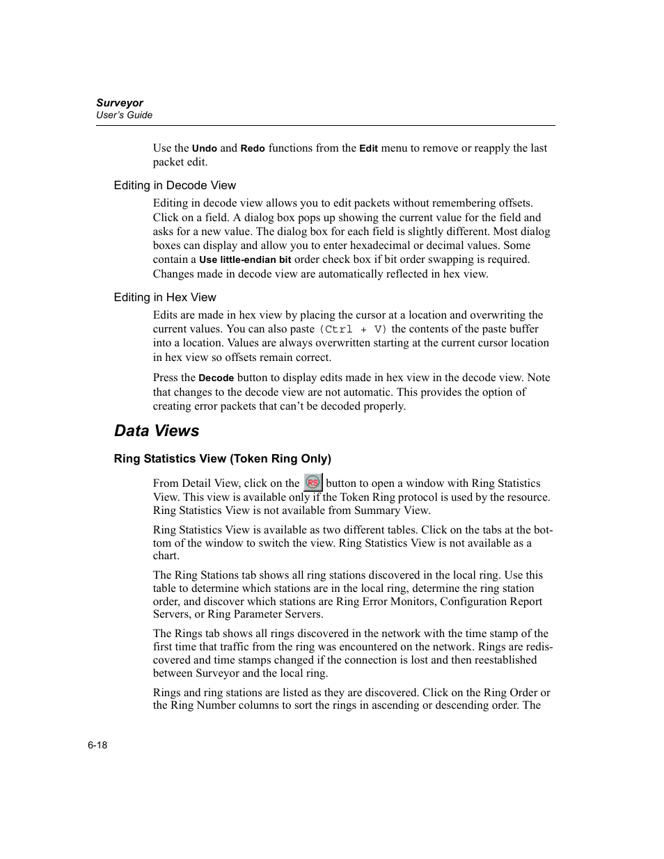 Data views, Ring statistics view (token ring only), Data views -18 | Ring statistics view (token ring only) -18 | Finisar Surveyor User Manual | Page 116 / 454