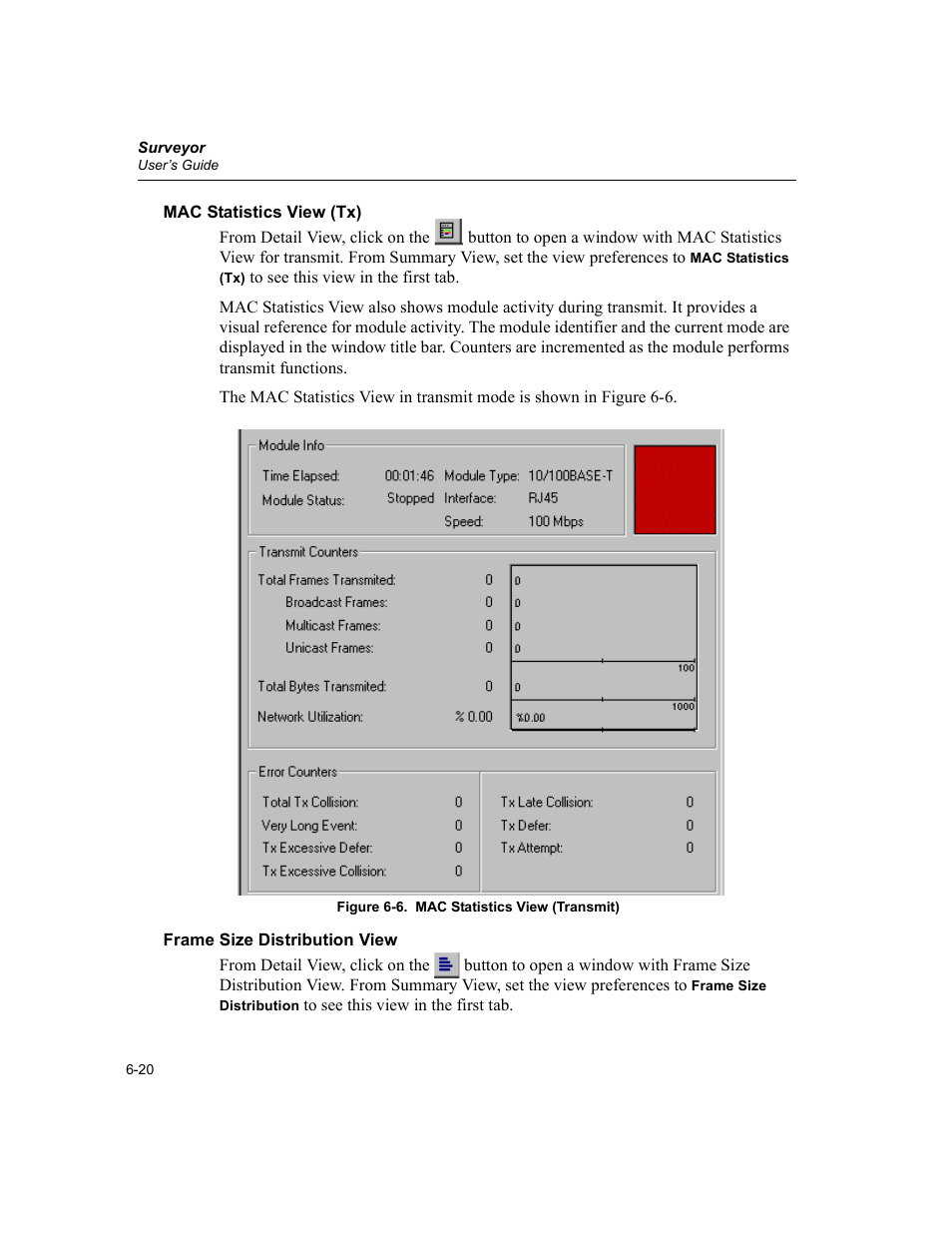 Mac statistics view (tx), Frame size distribution view, Mac statistics view (transmit) -20 | Finisar Surveyor User Manual | Page 118 / 454