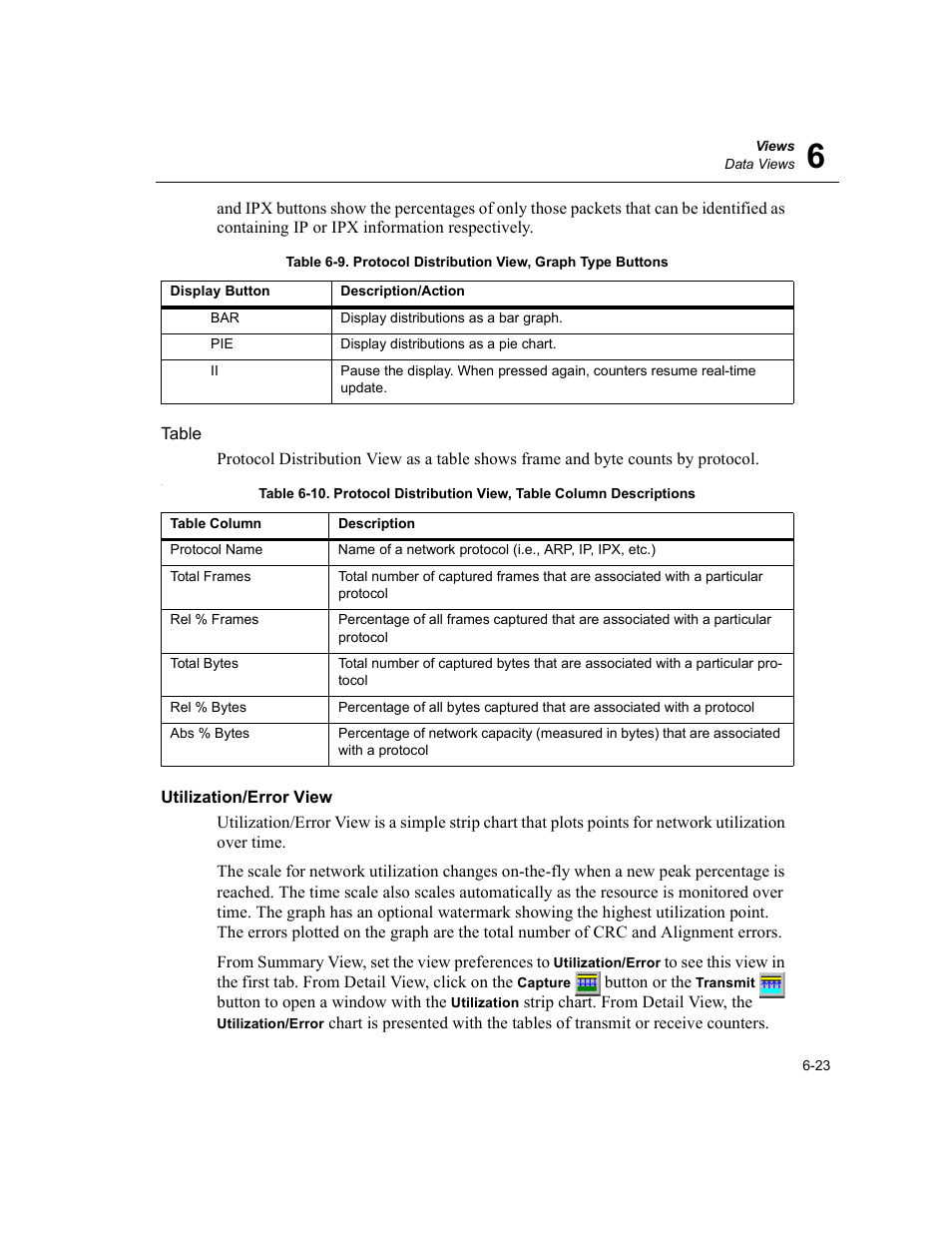 Utilization/error view, Utilization/error view -23, Protocol distribution view, graph type buttons -23 | Finisar Surveyor User Manual | Page 121 / 454