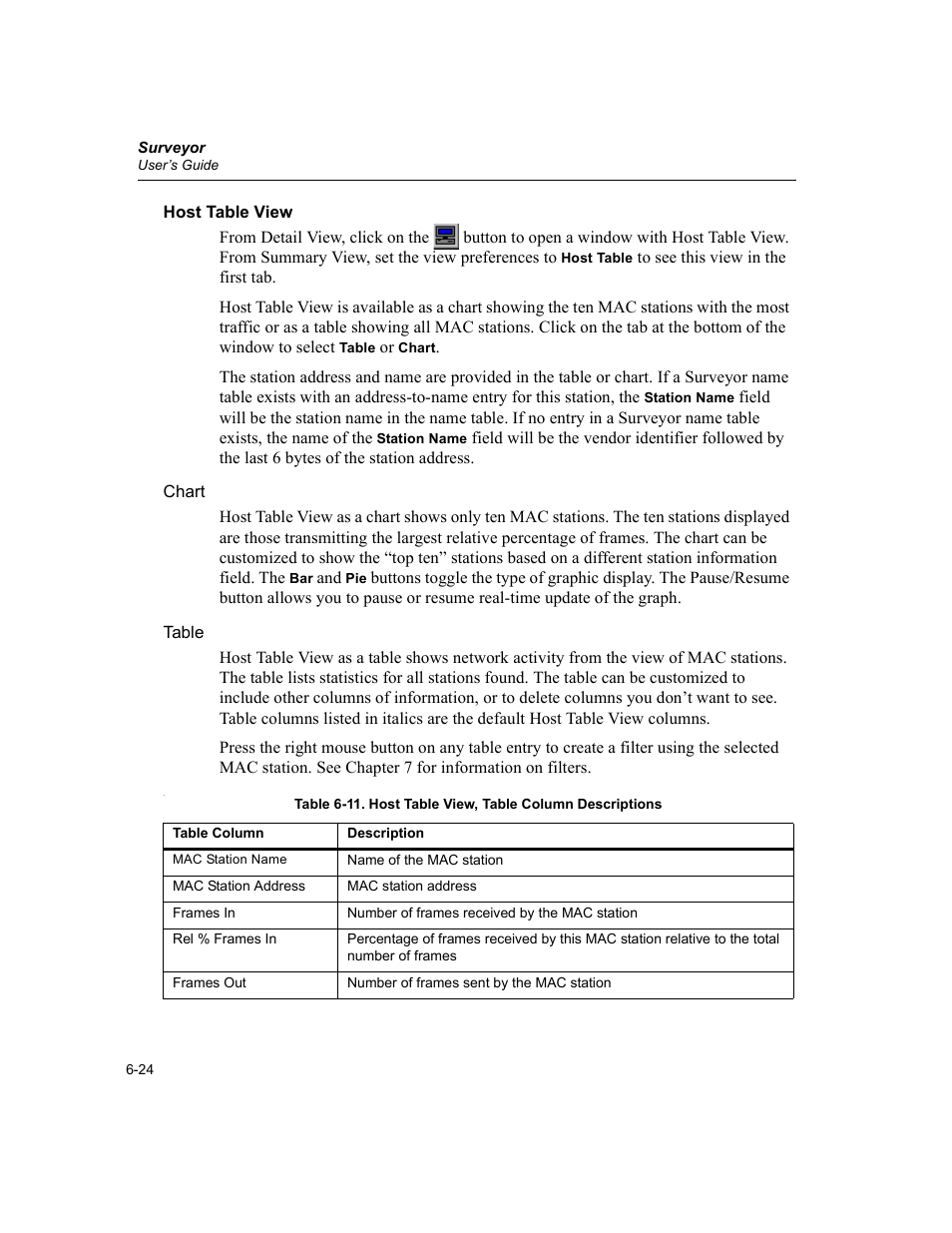 Host table view, Host table view -24, Host table view, table column descriptions -24 | Finisar Surveyor User Manual | Page 122 / 454