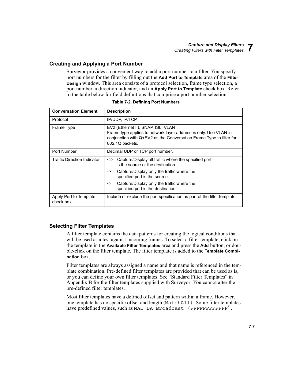 Creating and applying a port number, Selecting filter templates, Defining port numbers -7 | Finisar Surveyor User Manual | Page 143 / 454