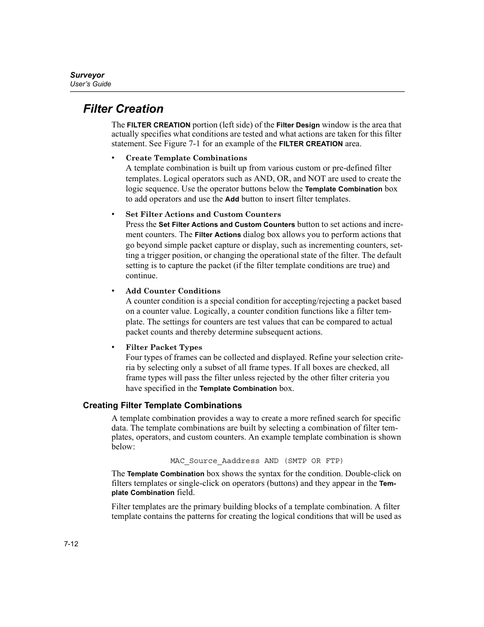 Filter creation, Creating filter template combinations, Filter creation -12 | Creating filter template combinations -12 | Finisar Surveyor User Manual | Page 148 / 454