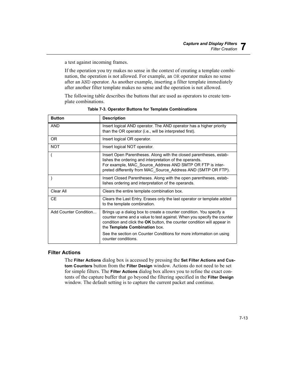 Filter actions, Filter actions -13, Operator buttons for template combinations -13 | Finisar Surveyor User Manual | Page 149 / 454