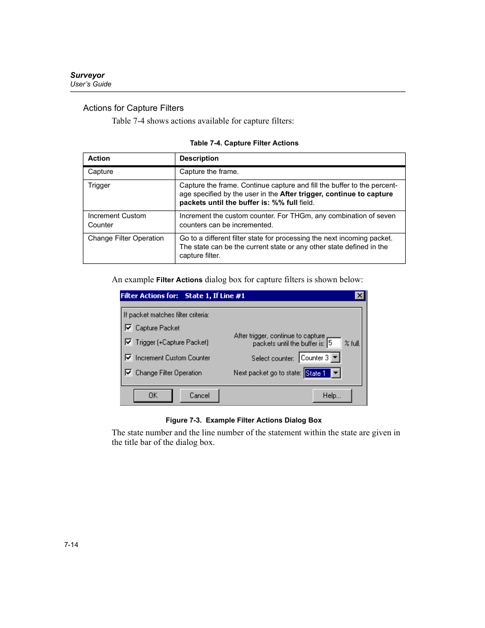 Example filter actions dialog box -14, Capture filter actions -14 | Finisar Surveyor User Manual | Page 150 / 454