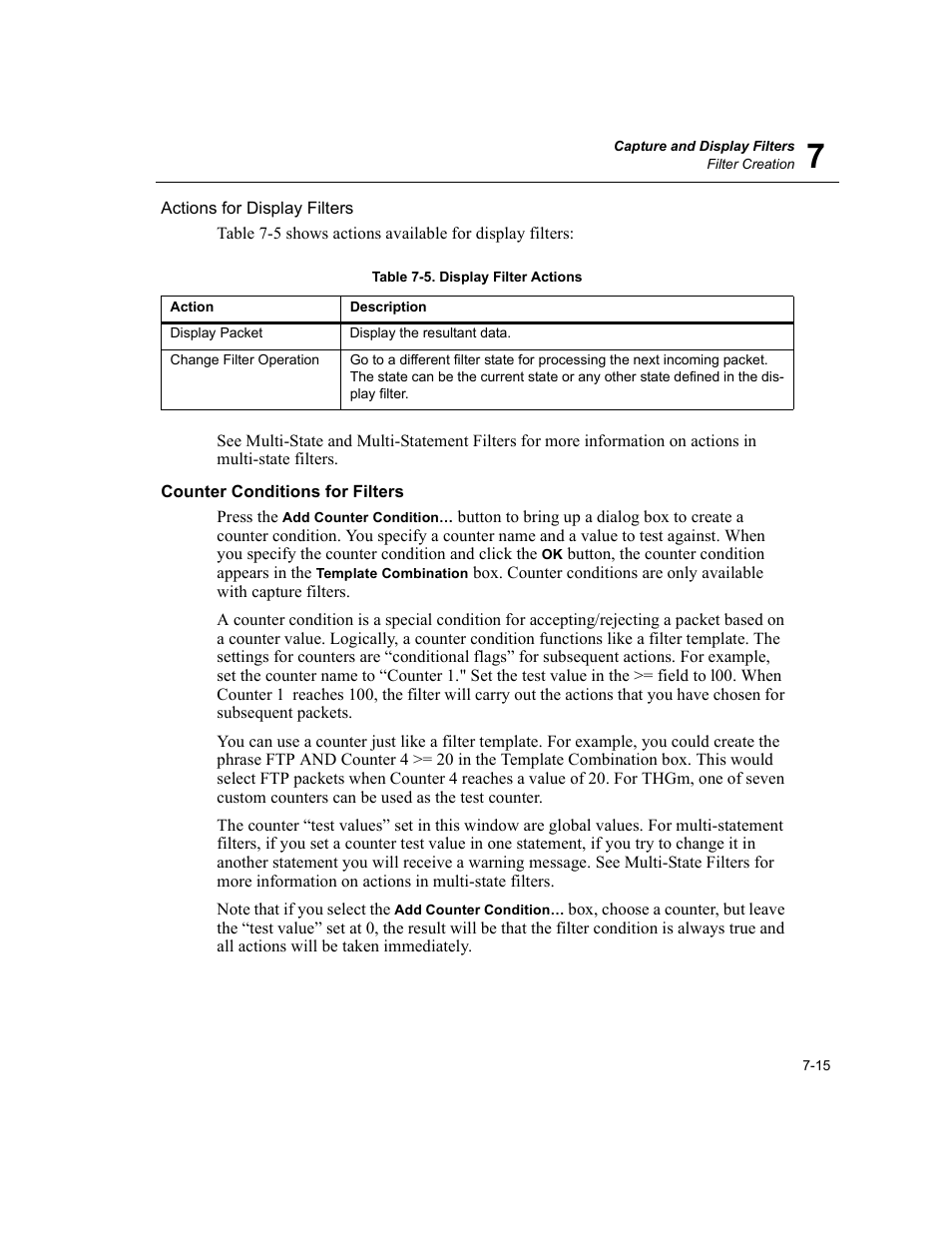 Counter conditions for filters, Counter conditions for filters -15, Display filter actions -15 | Finisar Surveyor User Manual | Page 151 / 454