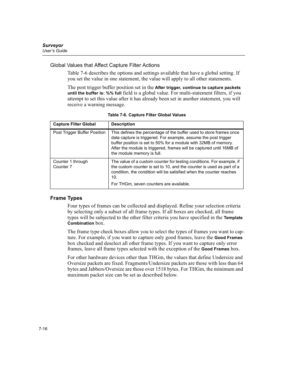 Frame types, Frame types -16, Capture filter global values -16 | Finisar Surveyor User Manual | Page 152 / 454