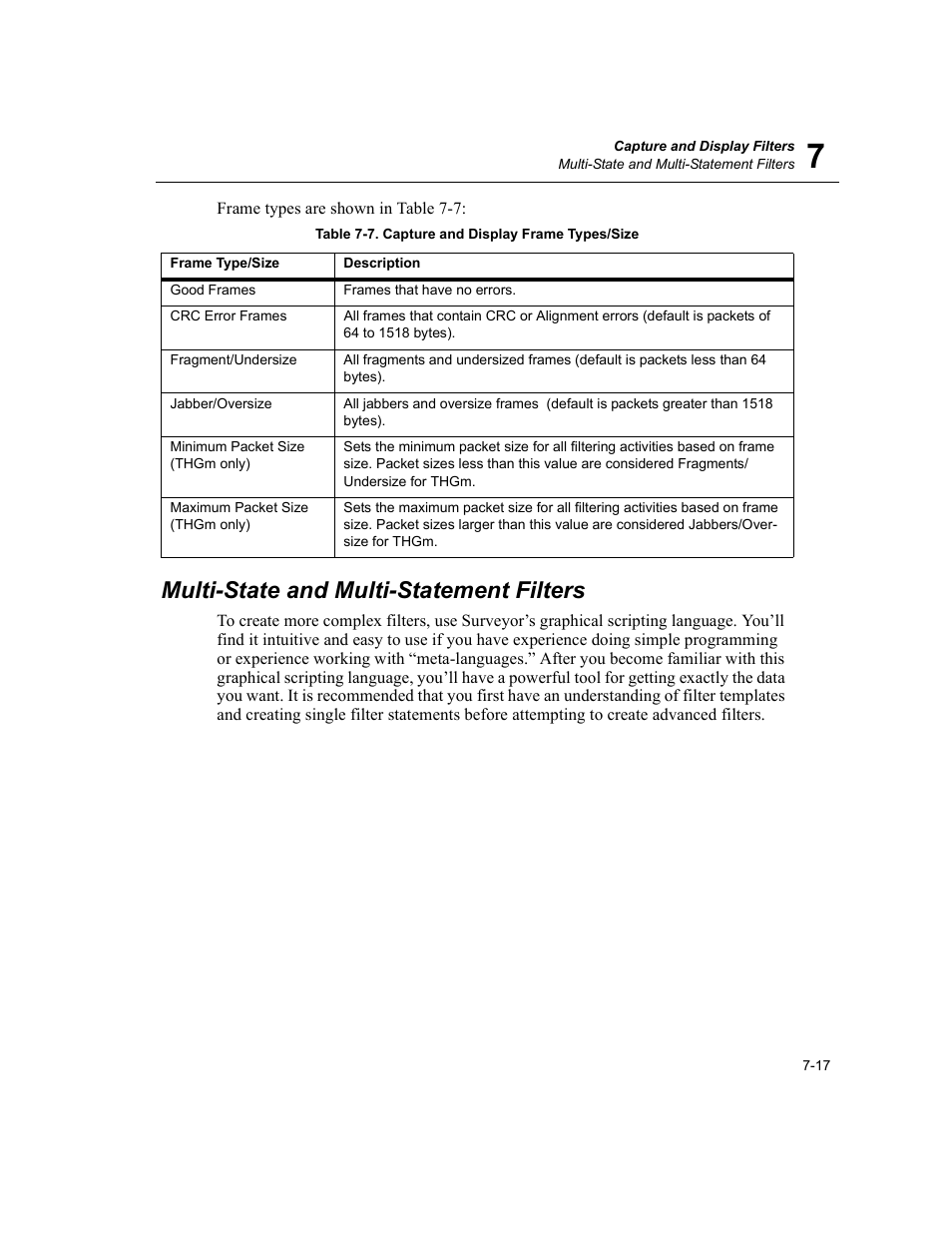 Multi-state and multi-statement filters, Multi-state and multi-statement filters -17, Capture and display frame types/size -17 | Finisar Surveyor User Manual | Page 153 / 454