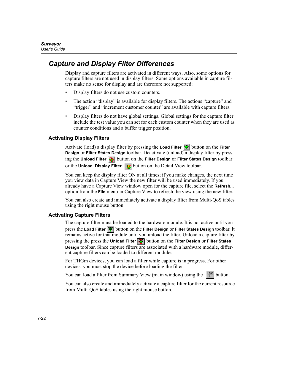 Capture and display filter differences, Activating display filters, Activating capture filters | Capture and display filter differences -22 | Finisar Surveyor User Manual | Page 158 / 454