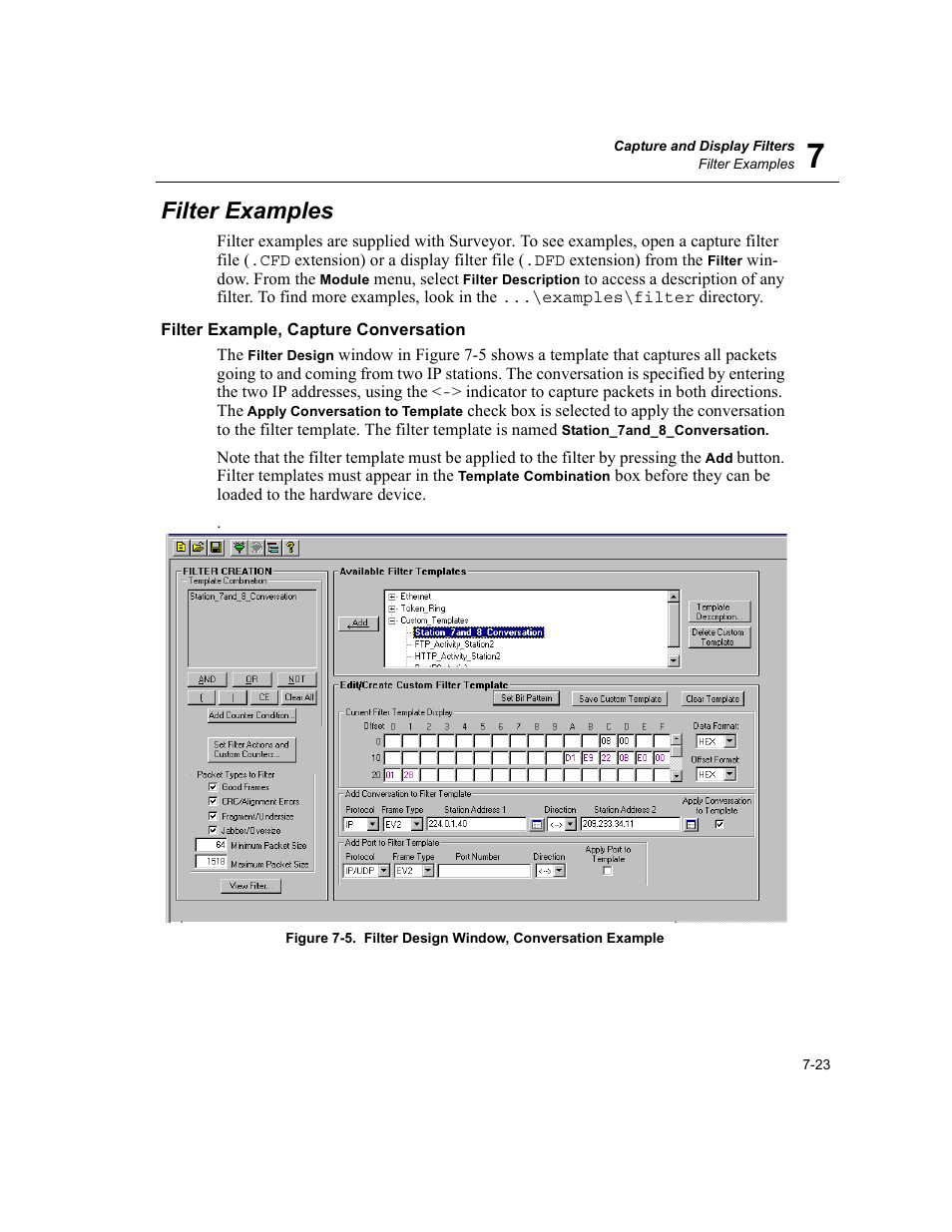 Filter examples, Filter example, capture conversation, Filter examples -23 | Filter example, capture conversation -23, Filter design window, conversation example -23 | Finisar Surveyor User Manual | Page 159 / 454