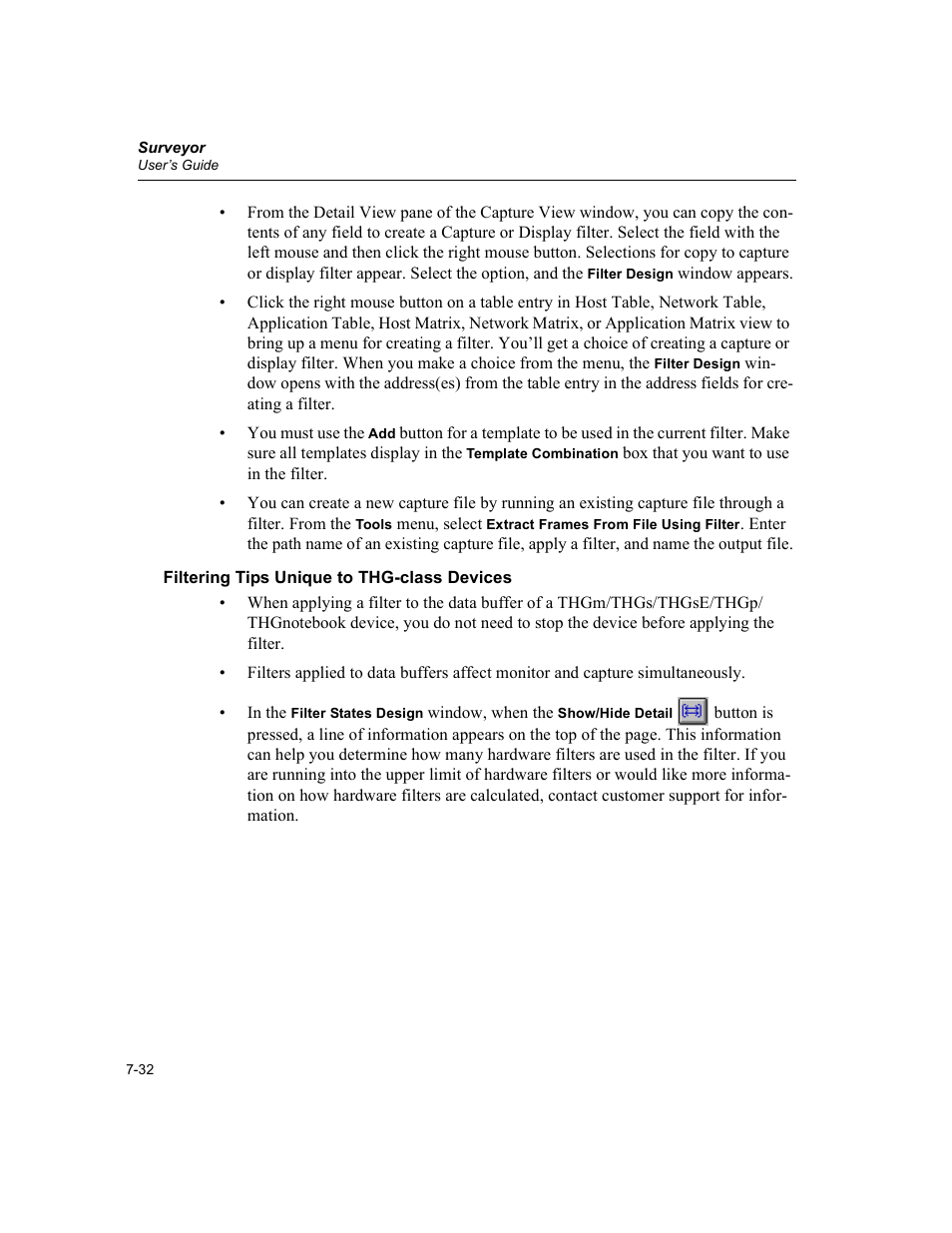 Filtering tips unique to thg-class devices, Filtering tips unique to thg-class devices -32 | Finisar Surveyor User Manual | Page 168 / 454
