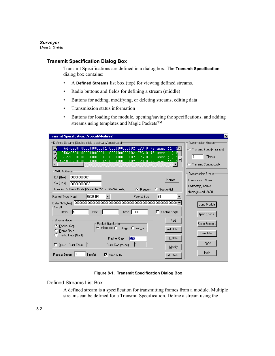 Transmit specification dialog box, Transmit specification dialog box -2 | Finisar Surveyor User Manual | Page 170 / 454