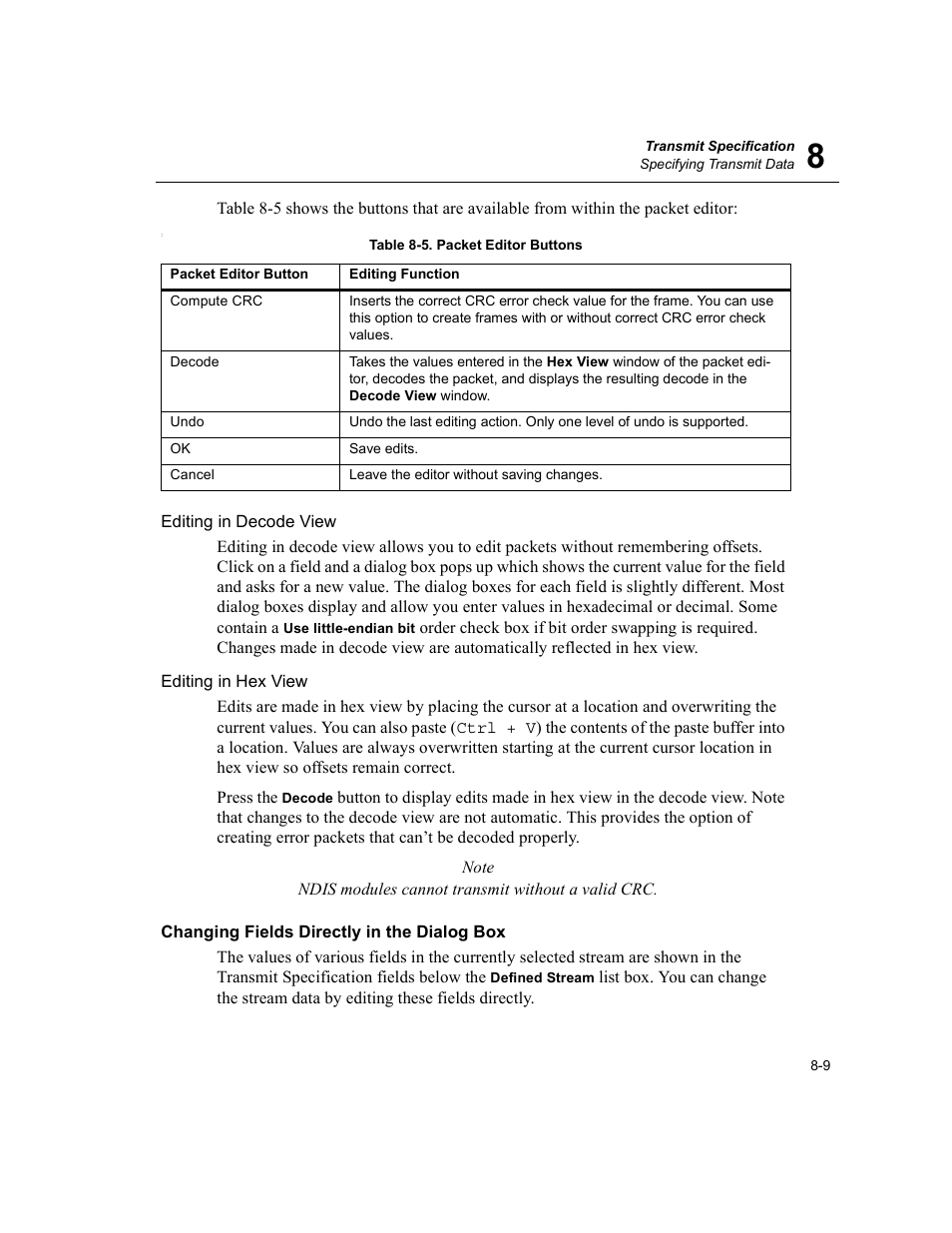 Changing fields directly in the dialog box, Changing fields directly in the dialog box -9, Packet editor buttons -9 | Finisar Surveyor User Manual | Page 177 / 454