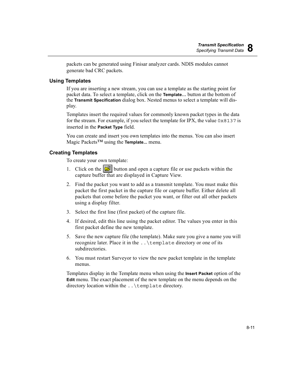 Using templates, Creating templates, Using templates -11 creating templates -11 | Finisar Surveyor User Manual | Page 179 / 454