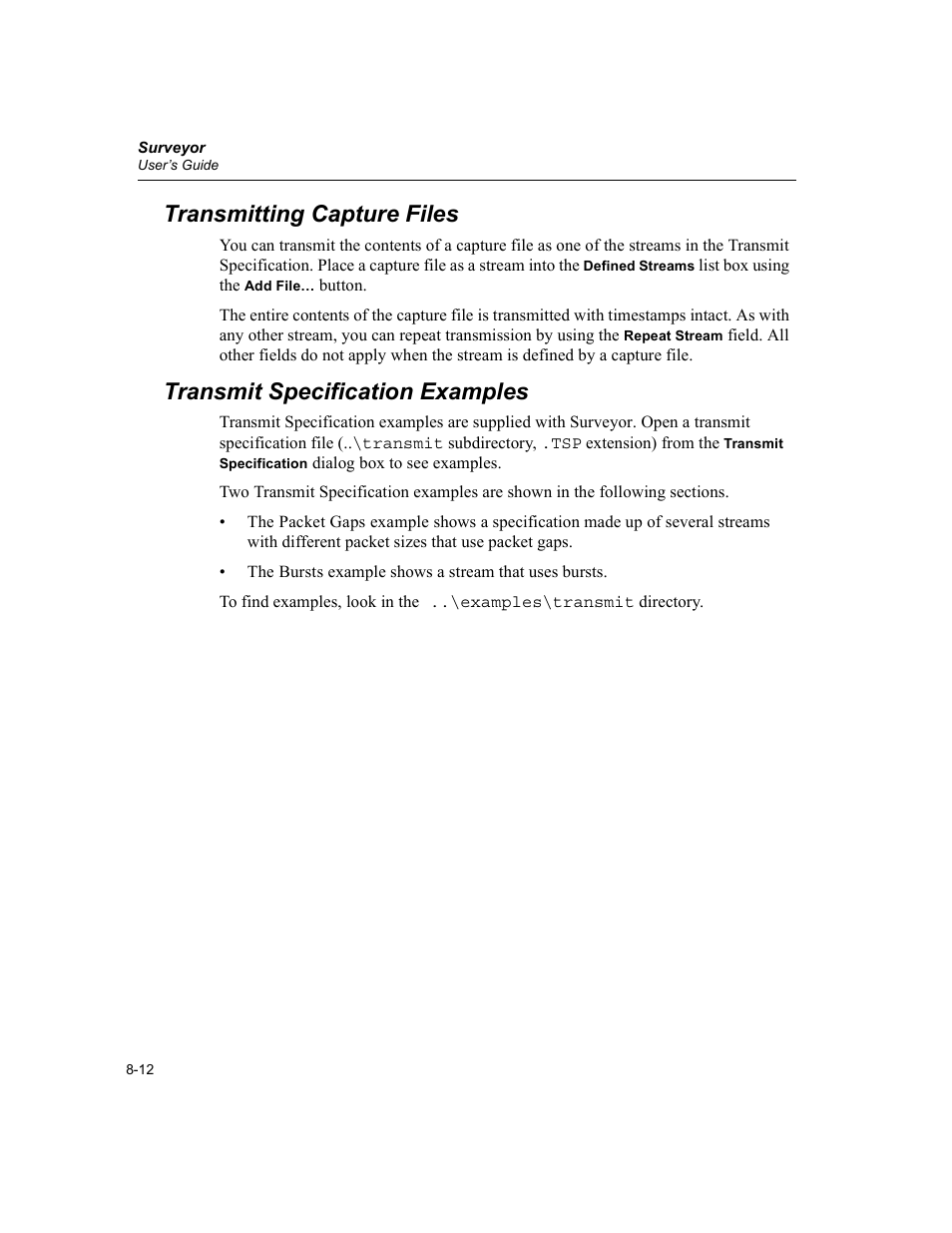 Transmitting capture files, Transmit specification examples | Finisar Surveyor User Manual | Page 180 / 454