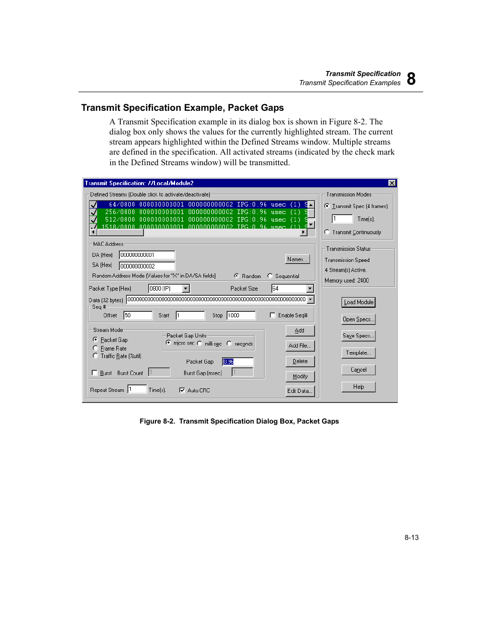 Transmit specification dialog box, packet gaps -13 | Finisar Surveyor User Manual | Page 181 / 454