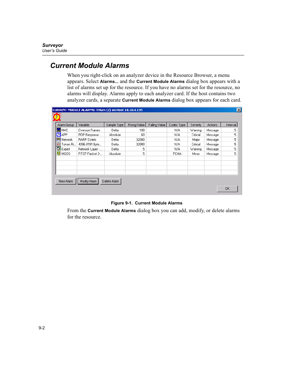 Current module alarms, Current module alarms -2 | Finisar Surveyor User Manual | Page 186 / 454