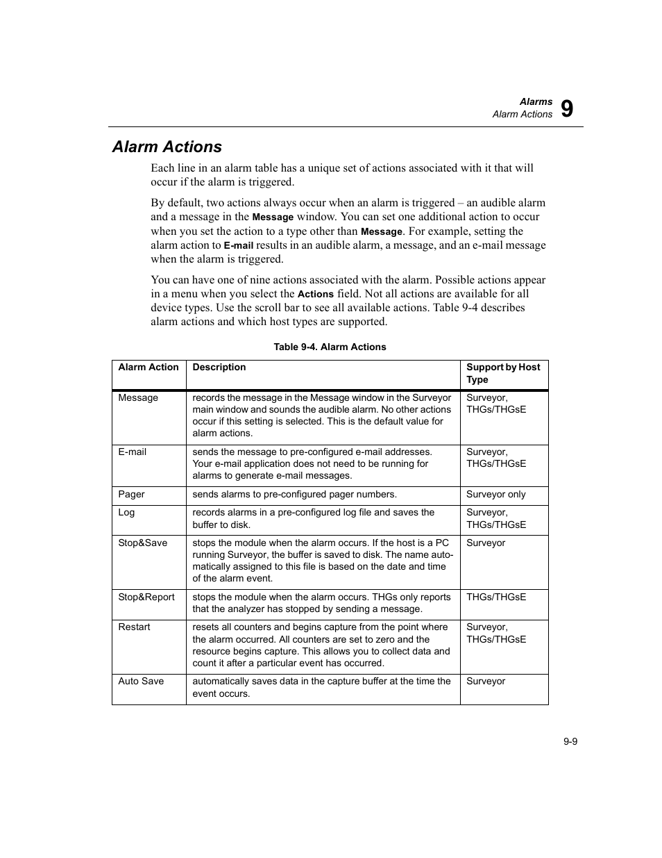 Alarm actions, Alarm actions -9 | Finisar Surveyor User Manual | Page 193 / 454