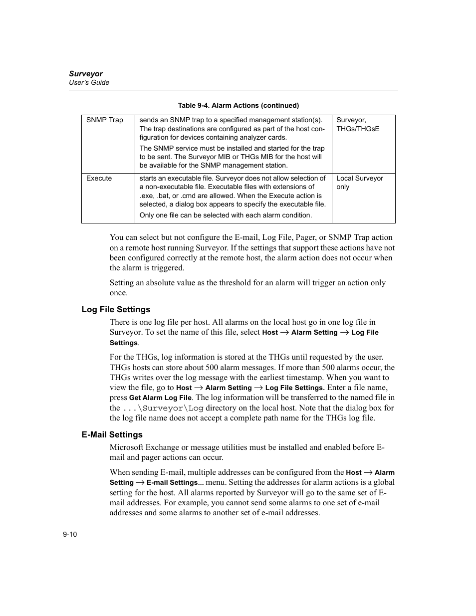 Log file settings, E-mail settings, Log file settings -10 e-mail settings -10 | Finisar Surveyor User Manual | Page 194 / 454