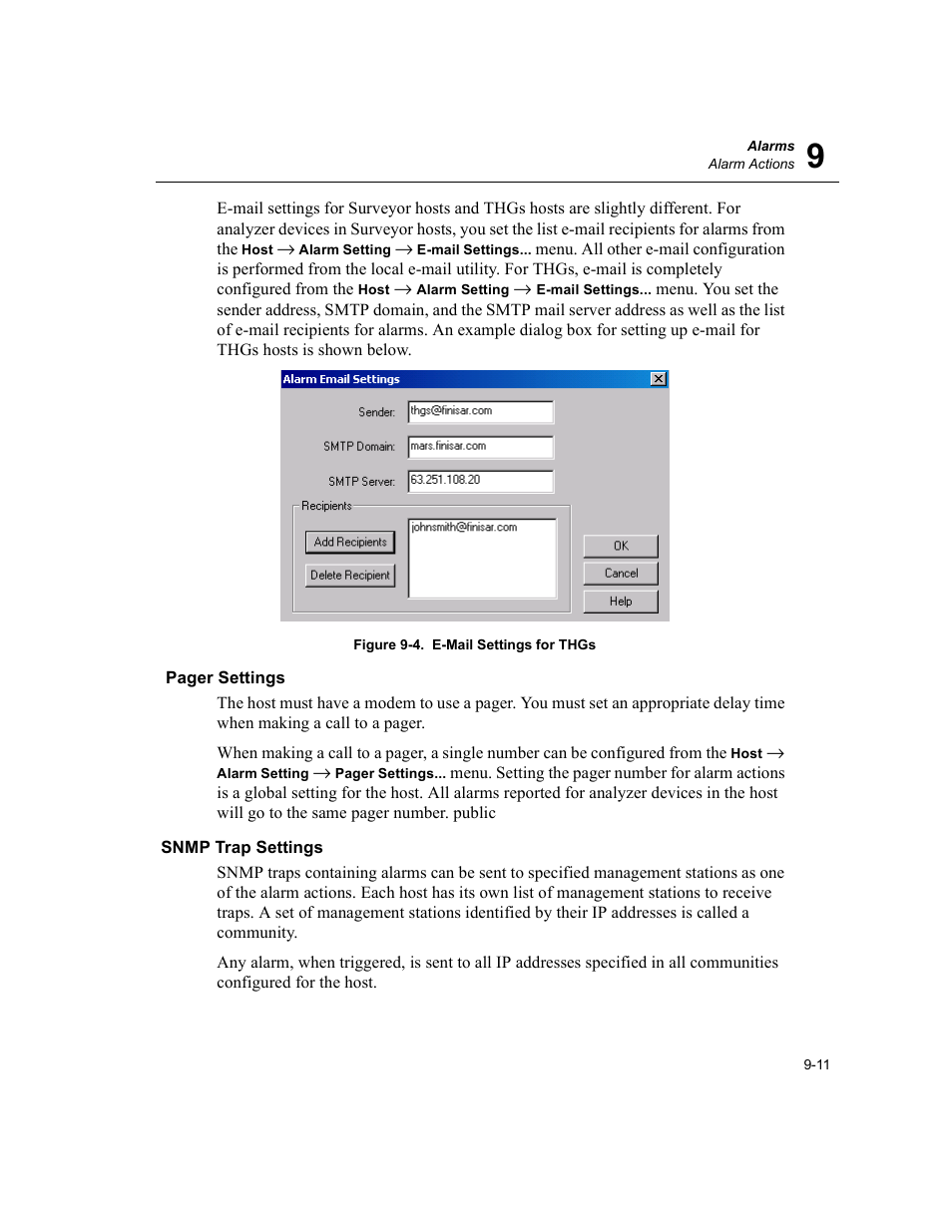 Snmp trap settings, E-mail settings for thgs -11 | Finisar Surveyor User Manual | Page 195 / 454