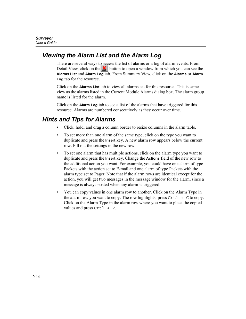 Viewing the alarm list and the alarm log, Hints and tips for alarms | Finisar Surveyor User Manual | Page 198 / 454