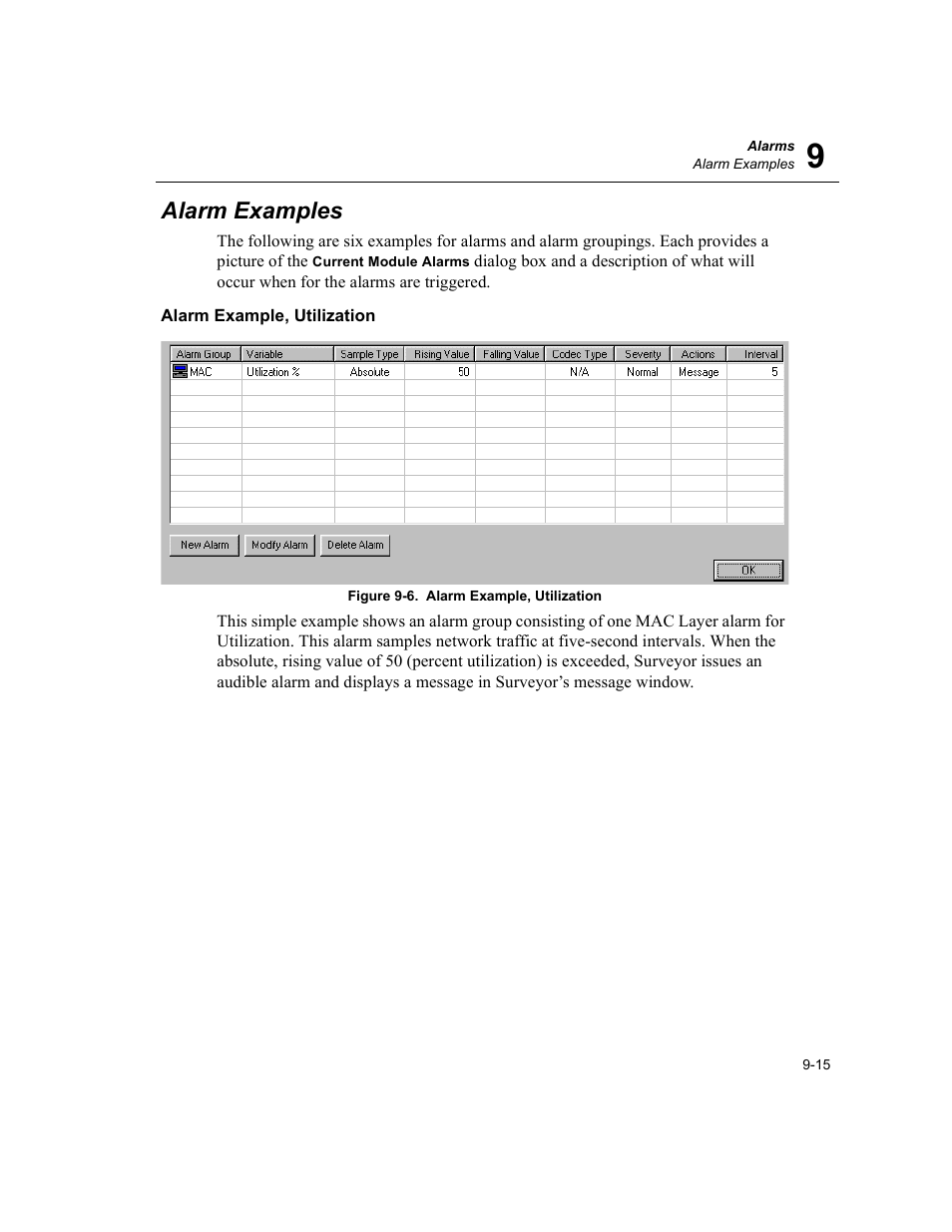 Alarm examples, Alarm example, utilization, Alarm examples -15 | Alarm example, utilization -15 | Finisar Surveyor User Manual | Page 199 / 454