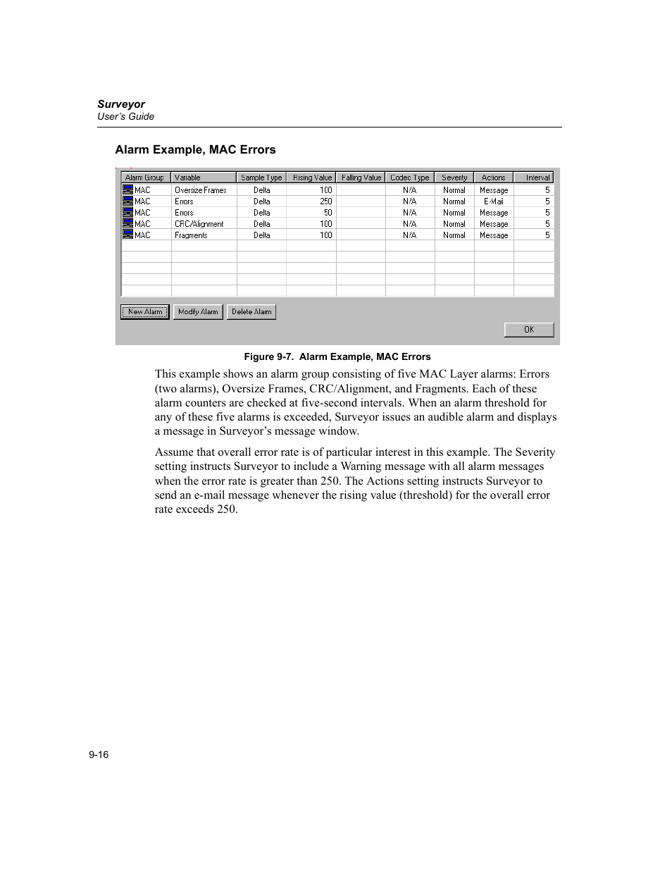 Alarm example, mac errors, Alarm example, mac errors -16 | Finisar Surveyor User Manual | Page 200 / 454
