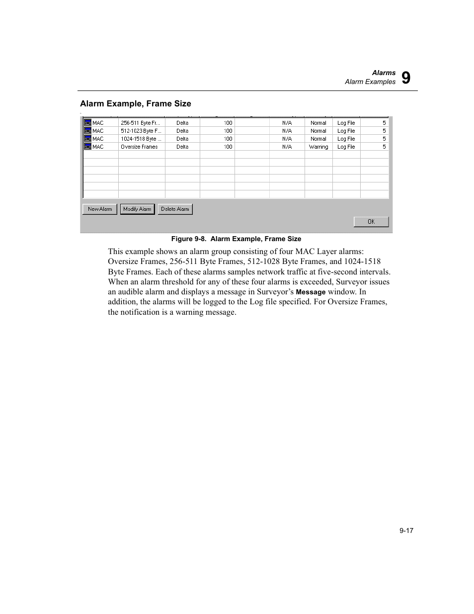 Alarm example, frame size, Alarm example, frame size -17 | Finisar Surveyor User Manual | Page 201 / 454