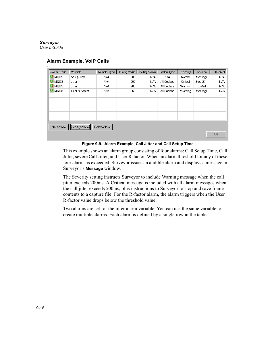 Alarm example, voip calls, Alarm example, voip calls -18, Alarm example, call jitter and call setup time -18 | Finisar Surveyor User Manual | Page 202 / 454