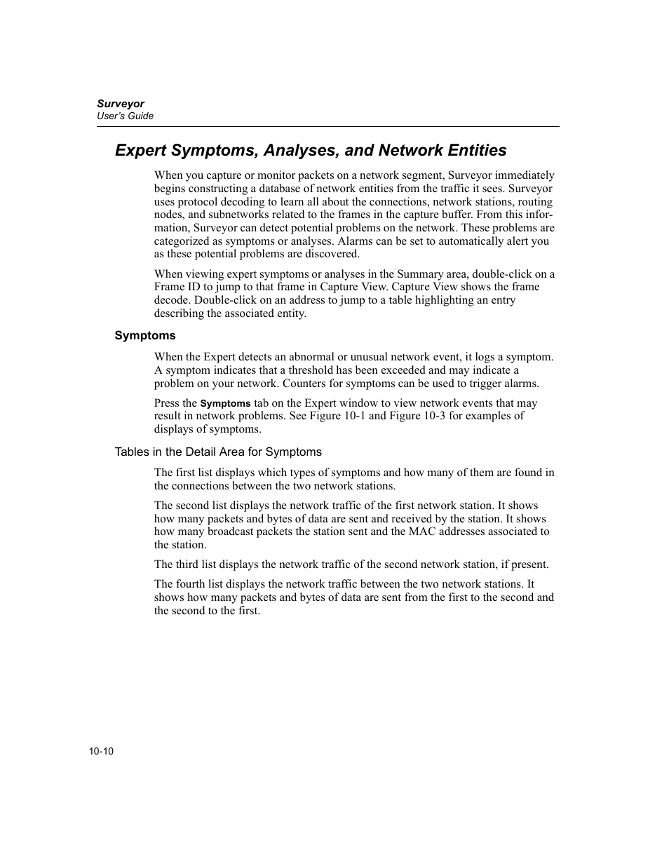 Expert symptoms, analyses, and network entities, Symptoms, Symptoms -10 | Finisar Surveyor User Manual | Page 214 / 454