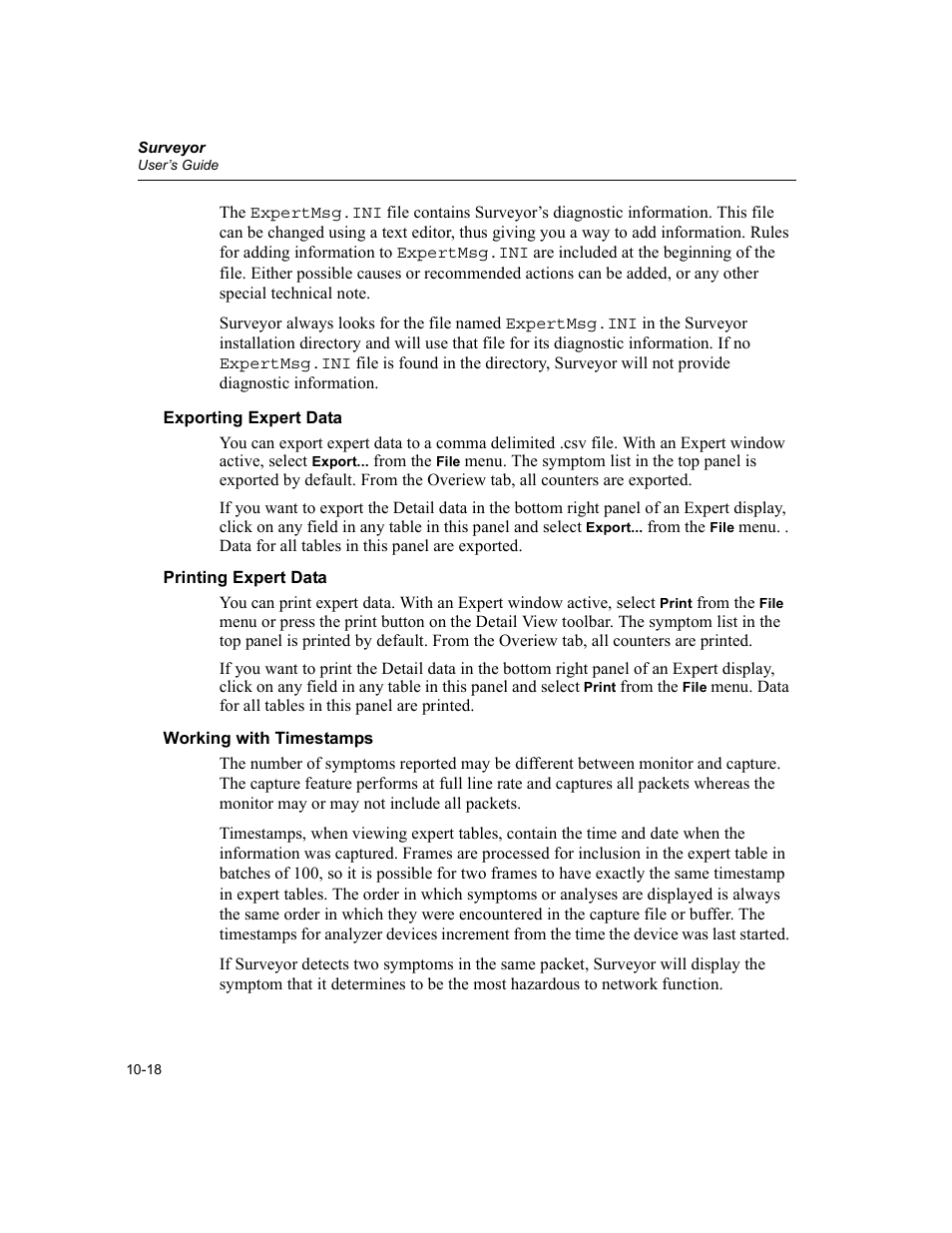 Exporting expert data, Printing expert data, Working with timestamps | Finisar Surveyor User Manual | Page 222 / 454