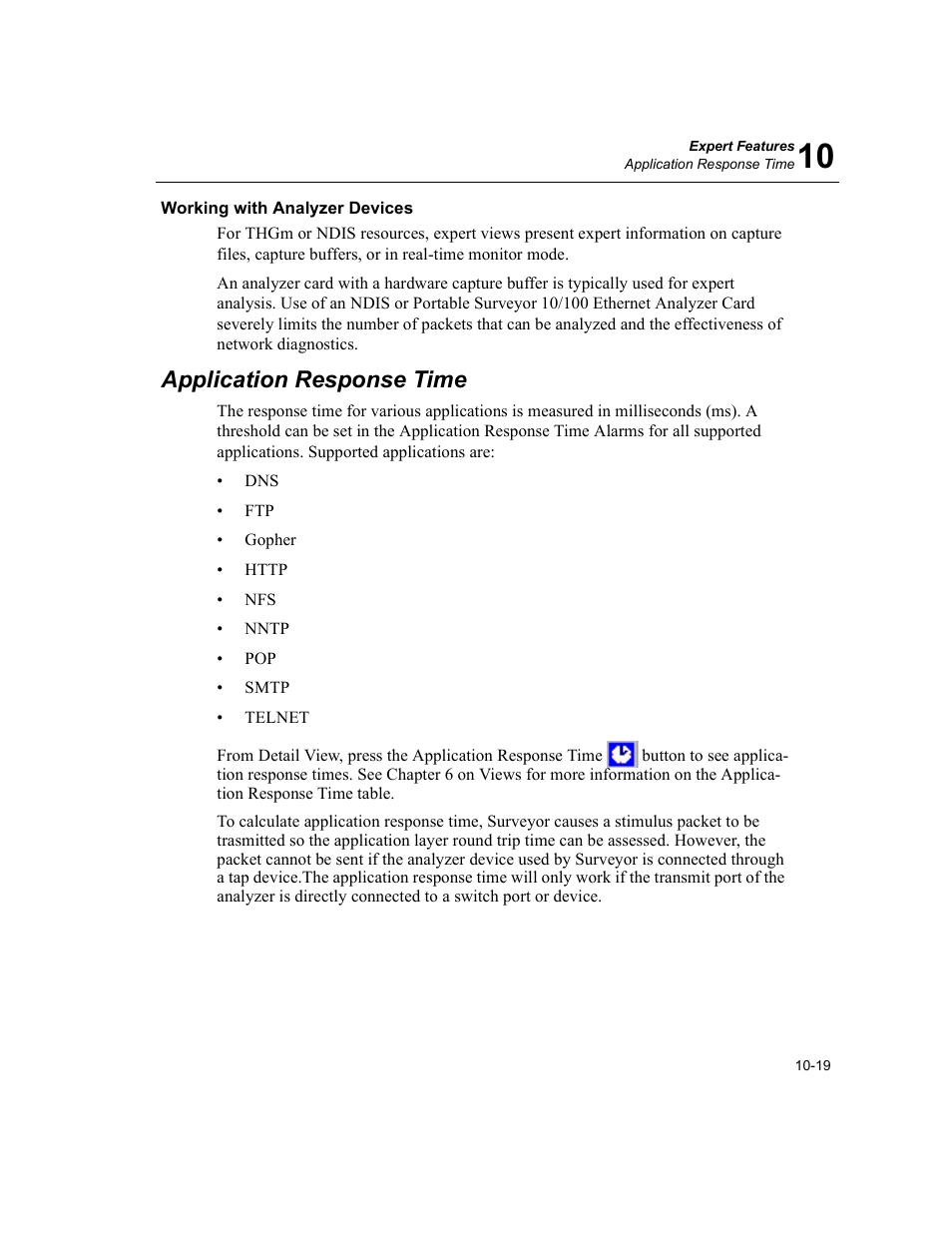 Working with analyzer devices, Application response time, Working with analyzer devices -19 | Application response time -19 | Finisar Surveyor User Manual | Page 223 / 454