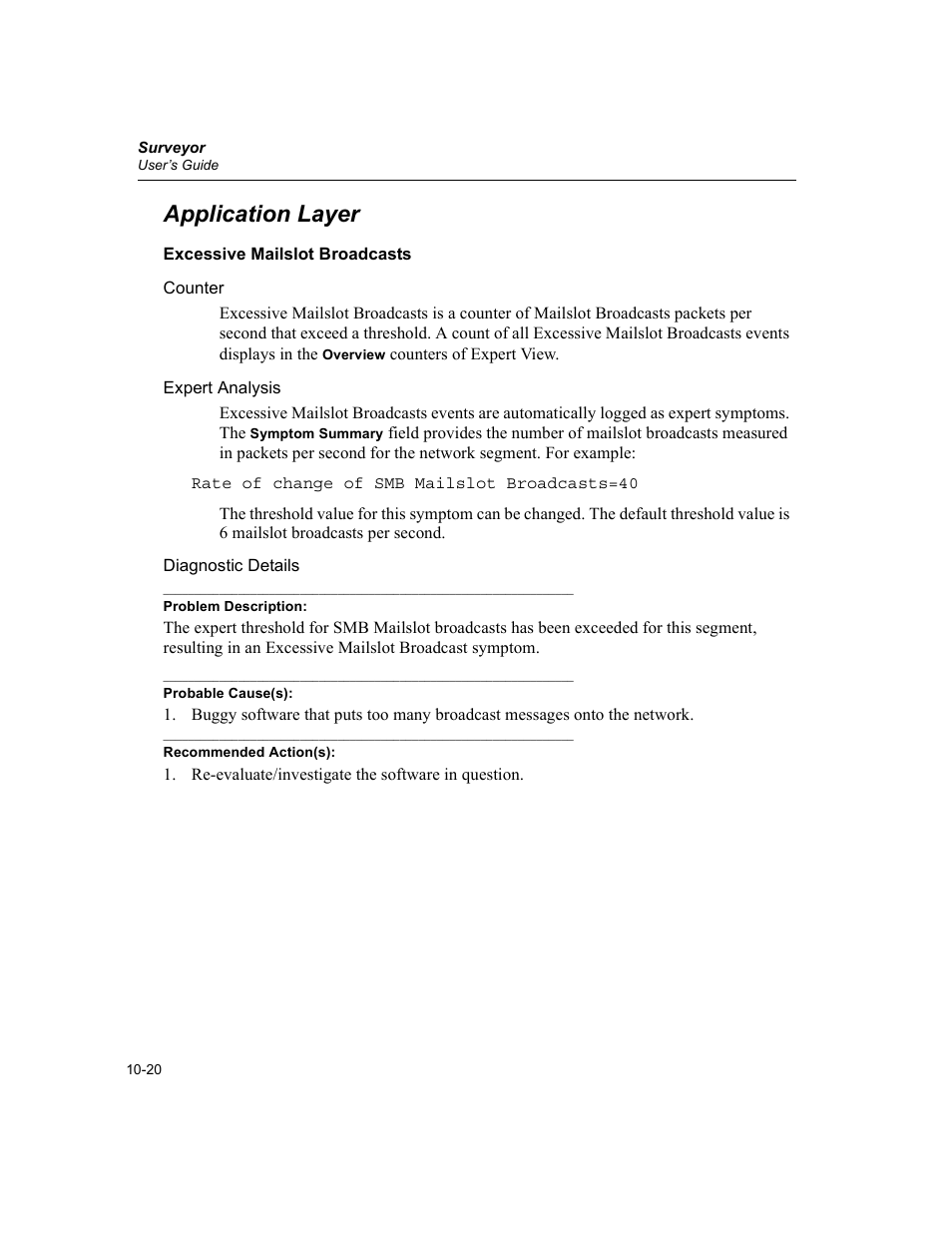 Application layer, Excessive mailslot broadcasts, Application layer -20 | Excessive mailslot broadcasts -20 | Finisar Surveyor User Manual | Page 224 / 454